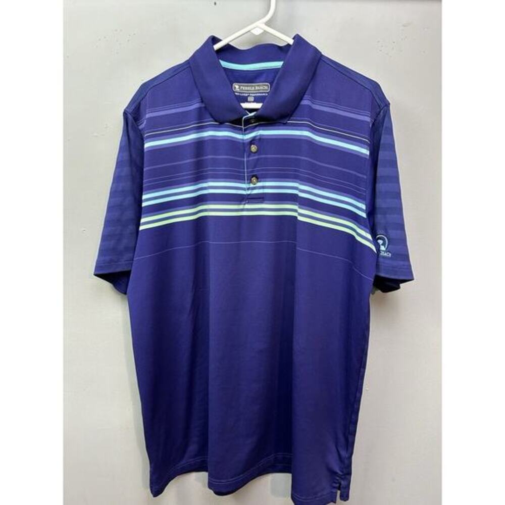 Pebble Beach Polo Shirt Mens XXL Purple Blue Striped Performance Golf Embroidery